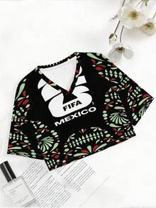 FIFA Mexico 26 Cup Symmetrical Holiday Print Women's Short-Sleeve V-Neck Top, Made Of Breathable Fabric, Available In Various Sizes And Mixed Colors, Perfect For Everyday Casual Wear And Outdoor Activities. - Màu hỗn hợp - Xem 4