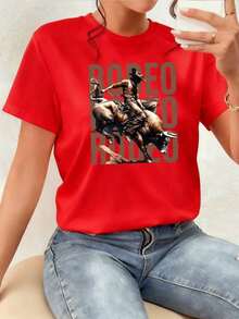 Art T-Shirt, The Pattern Shows A Brave Rider Taming A Raging Bull In A Rodeo Scene That Symbolizes Strength, Courage, Freedom And Adventurous Spirit In Full Dusty Action. Women's 100% Cotton T-Shirt, Comfortable And Durable, Ideal For An Authentic Casual Look Full Of Western Energy - 紅色 - 查看 1
