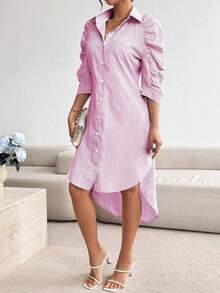Vestido de camisa casual con pliegues y mangas 3/4 a rayas para mujer, atuendo maxi para primavera/verano - Rosa - Ver 12