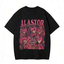Hazbin Hotels Alastor X Charlie Couple T-Shirt, Anime Fanart Print Casual Tee. Suitable As A Gift. Women's T-Shirt. Elegant Blouses. Boho Chic. Soft, Breathable, And Comfortable Women's Top, Ideal For Spring, Summer, And Autumn, Perfect For Vacations, Travel, And Everyday Wear. - 黑色 8 - 查看 1