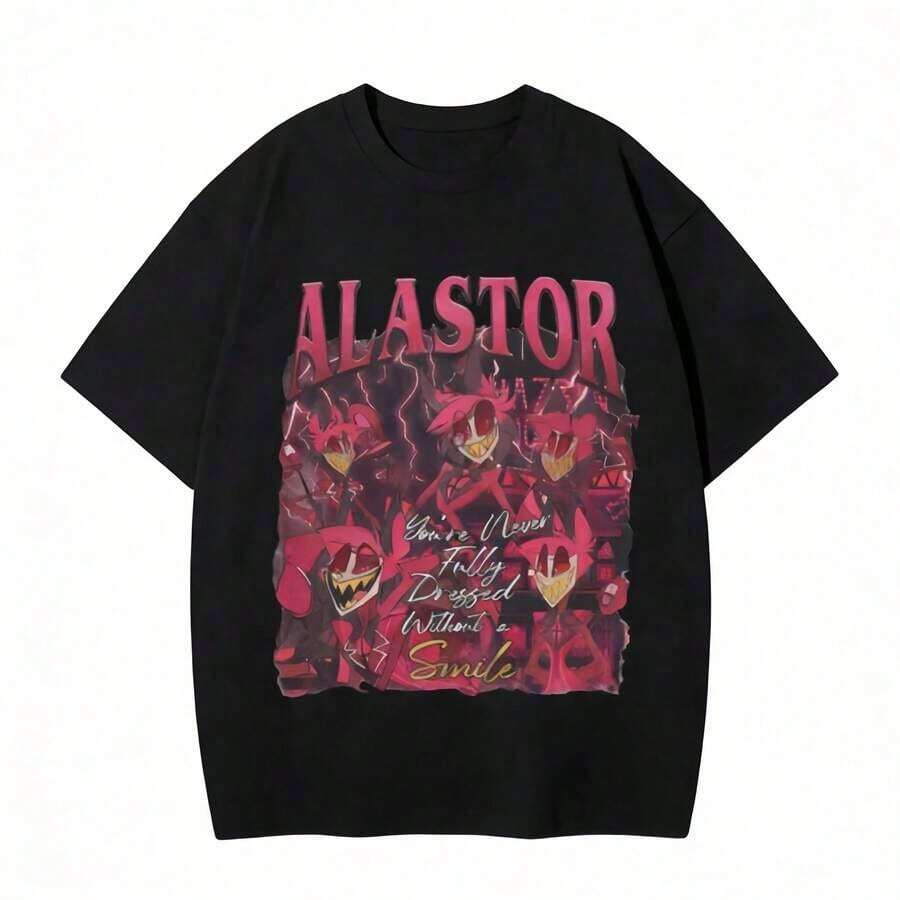 Hazbin Hotels Alastor X Charlie Couple T-Shirt, Anime Fanart Print Casual Tee. Suitable As A Gift. Women's T-Shirt. Elegant Blouses. Boho Chic. Soft, Breathable, And Comfortable Women's Top, Ideal For Spring, Summer, And Autumn, Perfect For Vacations, Travel, And Everyday Wear. - 黑色 8 - 查看 1