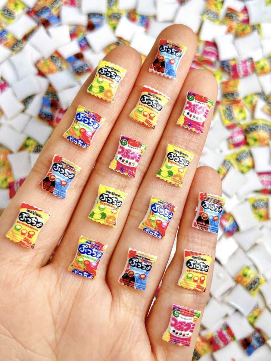 60pcs Random Mixed ABS Cartoon Nail Art Decorations, Cute Mini Simulated Snacks Like Potato Chips & Candies, Fun Handmade Nail Art Accessories DIY Nail Charms - Multicolor - View 1