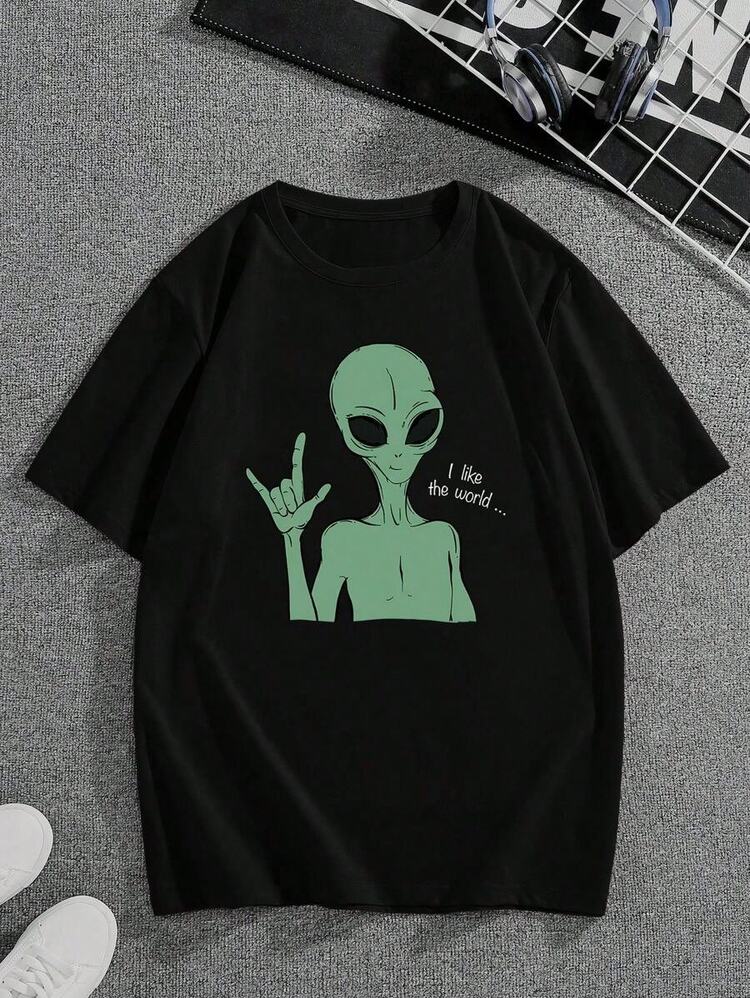 Manfinity Dauomo Hombres Camiseta algodón con estampado de extraterrestre y slogan 3AKF - Negro - Añade 1