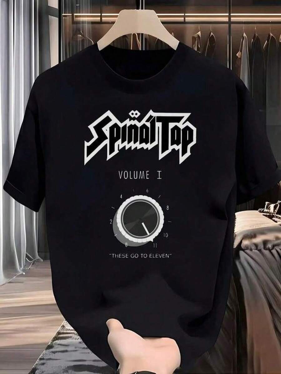 Men's Black Casual T-Shirt With "Spinal Tap" Graphic Print - Volume I Design, Crew Neck, Short Sleeve, Summer Top, Perfect Gift For Music Fans, Music Fan Clothing | Fun Graphic Tee | Durable Print T-Shirt - 黑色 - 查看 1