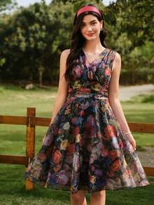 Vestido de mujer elegante y vintage con estampado de rosas y cuello en V de organza, para vacaciones, fiestas, verano, festivales, bodas, graduaciones, bailes de graduación, ceremonias, cumpleaños y ocasiones formales. Vestido elegante de color rosa para fiestas y vacaciones. - Negro - Ver 12