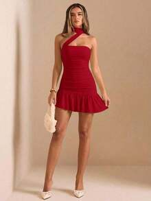 Vestido mini con volantes en el bajo, sin tirantes, de color amarillo sólido - Rojo - Ver 4