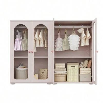 2-Door Wardrobe, Lacquered Wardrobe, Bedroom Storage Wardrobe, Children's Wardrobe, With Hanging Rail, Clear Acrylic Doors, Ceramic Handles, Baby Pink, 80*50*120 Cm