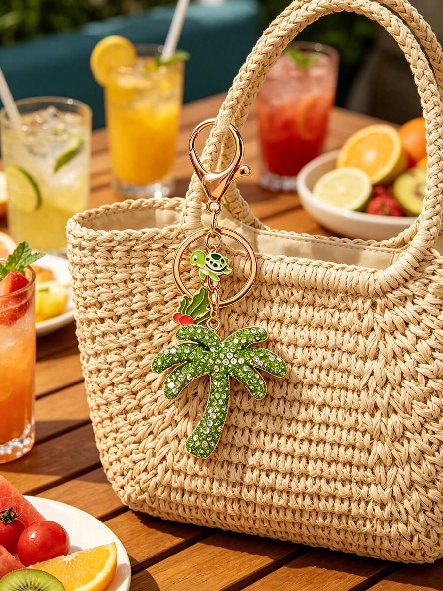 Chaveiro de Coqueiro com Strass Verde, Adornado com Ornamentos de Alga e Tartaruga de Liga Metálica - Estilo Boêmio de Férias.