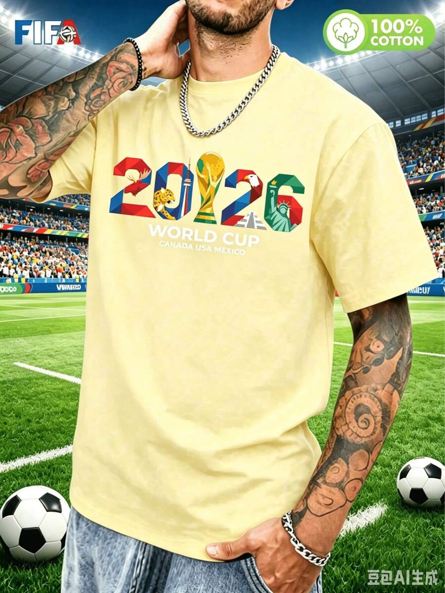 Officially Licensed FIFA 2026 USA-Canada-Mexico World Cup Geometric Creative T-Shirt Modern Football Style Loose Short Sleeve Fan Apparel Unisex Comfo - 黃色 - 查看 1