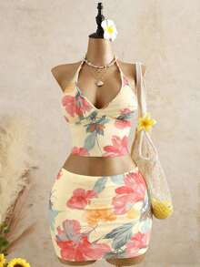 Conjunto de 2 piezas para mujer, azul, lindo y sexy, con estampado floral - Top corto de tirantes finos + minifalda ajustada, atuendo casual para vacaciones en la playa. - Multicolor - Ver 4