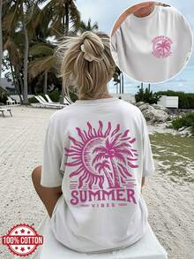 Sun And Palm Tree Print Vintage Style Casual Graphic Tee, Oversized Women's Crew Neck, Regular Fit Summer Top For Women - 灰色 - 查看 8