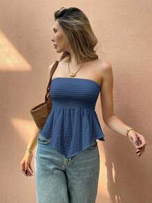 Top bandeau sin tirantes de unicolor con volantes en el bajo, para vacaciones - Dorado - Ver 7