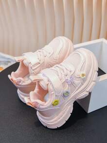 1雙女孩可愛花卉裝飾運動鞋，春季新品，秋季，四季通用學生鞋，女孩粉色網面鞋，厚底運動鞋 - 粉色 - 查看 3