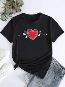 Women's Casual Short-Sleeved T-Shirt With Butterfly And Heart Print, Suitable For Everyday Wear, Home, Work, And Sports - Vintage Street Style Unisex Cotton Short Sleeve Crew Neck T-Shirt - 黑色 - 查看 6