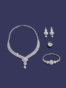 5Pcs/1Set Fantay Sparkling Cubic Zirconia Jewelry Set For Necklace, Drop Earrings, Bracelet & Ring For Weddings & Parties - CY1005 - View 2