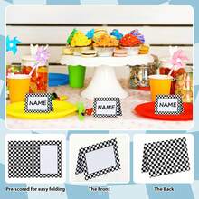 25/50 piezas Tarjetas de mesa con tema de carreras, tarjetas de mesa para fiesta de cumpleaños con patrón de cuadros blancos y negros, tarjetas de papel plegadas de 3.5in X 2.5in para nombres, etiquetas de alimentos, buffet de fiesta de cumpleaños - A - Ver 6