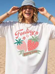 Women's T-Shirt With Tropical Fruit And Strawberry Print, Featuring A Strawberry Design And Strawberry Lifestyle: Casual Short-Sleeved Summer T-Shirt With A Round Neck, Soft And Breathable, White Strawberry Design, Loose And Comfortable For Everyday Wear, Machine Washable, Suitable For The Beach And Strawberry-Themed Clothing - Offers Fun Clothing For Strawberry Lovers - 白色 14 - 查看 7