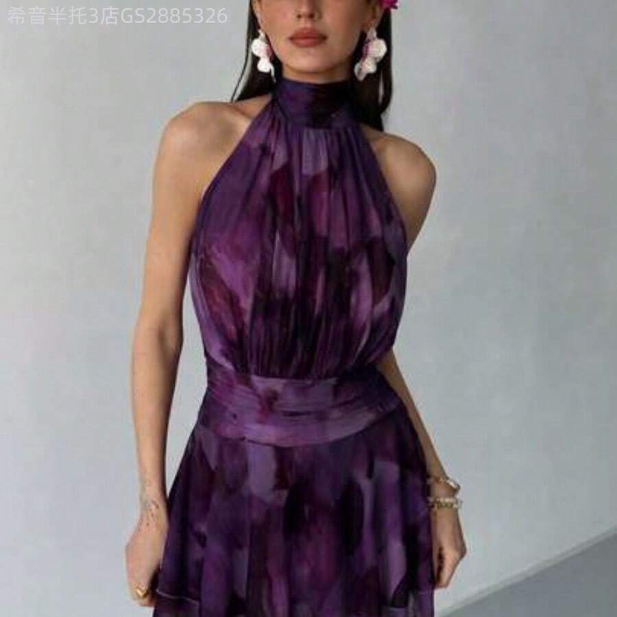 Yunuo Menswear  Nuevo vestido mini de primavera/verano sin mangas con cuello alto, con estampado de cepillo, malla con recogido, dobladillo con volantes y espalda abierta, adecuado para vacaciones, citas, tardes de té, vacaciones, festivales de música, estilo bohemio - Morado - Ver 1
