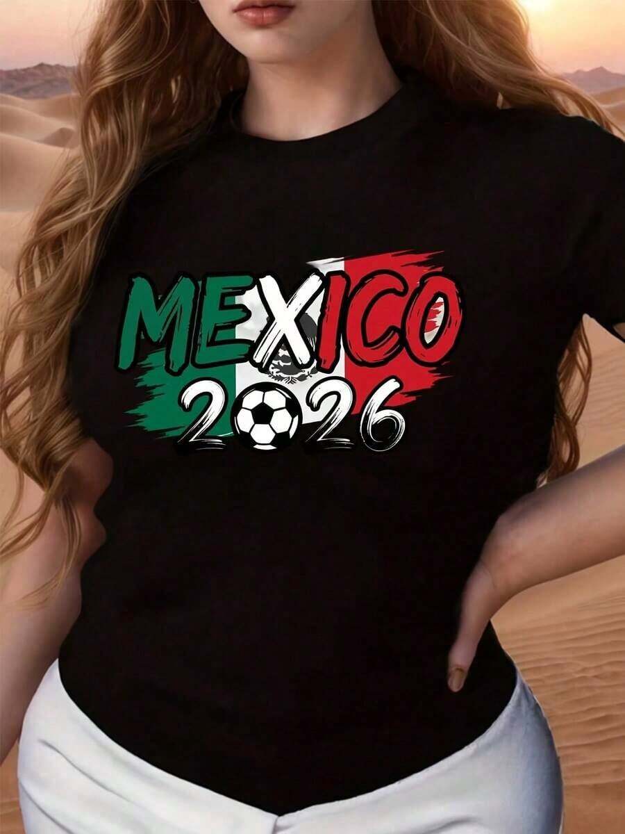 Summer Clothing With A Mexico 2026 Soccer Theme For Soccer Fans And Travel Enthusiasts, Plus Size T-Shirt For Women, 2026 World Cup T-Shirt, Short Sleeve T-Shirt - 黑色 - 查看 1