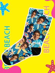 1 Pair Of Custom Socks, Custom Face Socks,A Loving Family ,Beach,Custom Photo Socks, Funny Socks, Fall/Spring/Summer Gift, Holiday Gift - Multicolor - View 3