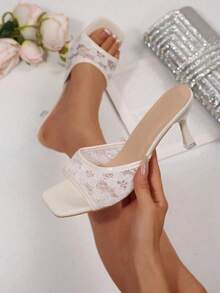 Women's White Square Toe Open Toe Stiletto Lace Sandals, Elegant Fashion Noble Versatile High Heel Sandals For Evening Party - White - View 5