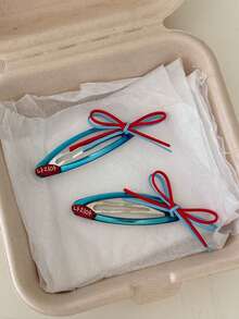 2pcs Fashionable Personalized Contrast Color Bow Hair Clips Set, BB Clips, Women's Hair Accessories - Multicolor - View 1