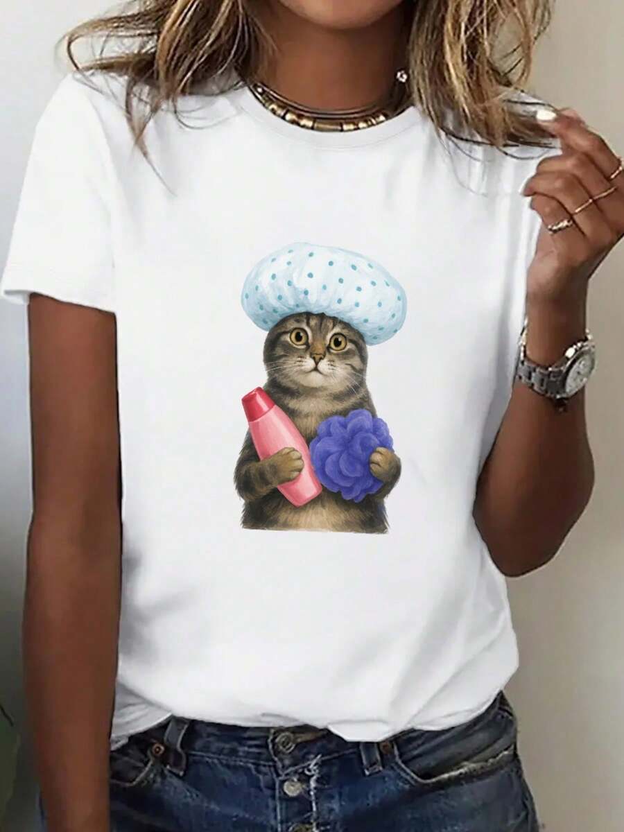 Women's Vintage Chef Cat Print T-Shirt - Pink Bottle Design With Smiling Chef - Urban Fashion Top - Soft Everyday T-Shirt - Spring/Summer Casual Wear, Chef T-Shirt, Summer Fashion, Humorous Design, Comfortable Fabric, Women's Blouses, Women's Casual Blouses, Women's T-Shirts, Unisex Style - 白色 - 查看 1