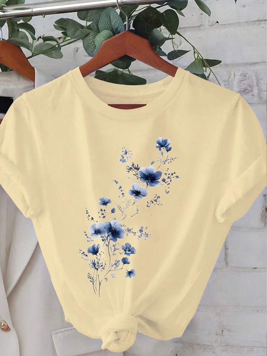 Graphic Print T-Shirt, Short Sleeves And Round Neck, Casual Top For Summer And Spring, Women's Clothing - 杏色 - 查看 1