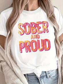 1 Piece Of Letter Print Round Neck T-Shirt, Casual Short Sleeve Top For Spring/Summer, Women's Clothing, 180g, 100% Cotton. - 白色 - 查看 12