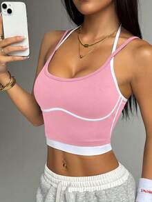 Women's High Elasticity Nylon Sports Vest - Breathable Contrast Color Fitness Top, Seamless Splicing Design, Suitable For Yoga, Pilates, Daily Fitness - Shaping Style And Beautiful Back Support, Simple Style, Comfortable Fit, Pressure-Free Support - 粉色 - 查看 3