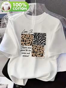 New Spring/Summer 2026 Women's Short Sleeve T-Shirt, Stylish Retro Artistic Design With Custom Lettering, Popular Animal And Floral Prints, 100% Pure Women's Short Sleeve T-Shirt, Essential Round Neck Short Sleeve T-Shirt For Spring And Summer - White - View 6