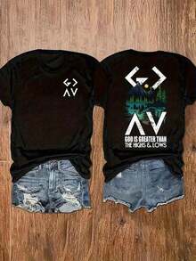 Women's Casual T-Shirt With "God Is Greater Than The Christian Highs And Lows" Print, Breathable And Comfortable, Short Sleeve, Round Neck, Mountain Faith Print, Soft Cotton, Perfect For Everyday Wear And Religious Style - 黑色 - 查看 1
