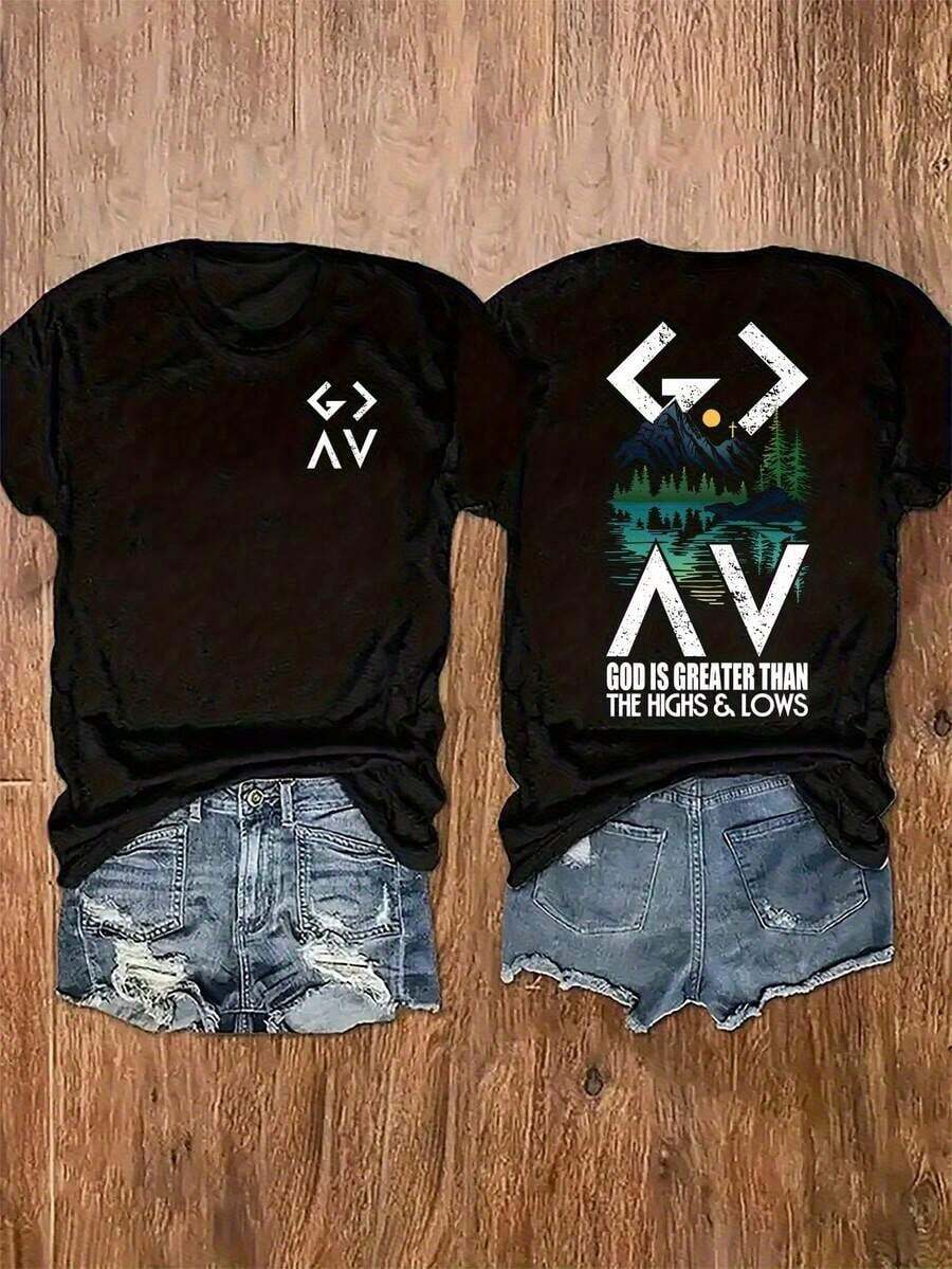 Women's Casual T-Shirt With "God Is Greater Than The Christian Highs And Lows" Print, Breathable And Comfortable, Short Sleeve, Round Neck, Mountain Faith Print, Soft Cotton, Perfect For Everyday Wear And Religious Style - 黑色 - 查看 1