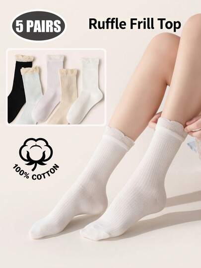 5 đôi tất nữ 100% cotton, tất cổ cao đến giữa bắp chân, tất ống có bèo nhún ở trên, tất cổ ngắn mềm mại, thoáng khí, có gân dọc, thích hợp để mặc hàng ngày.