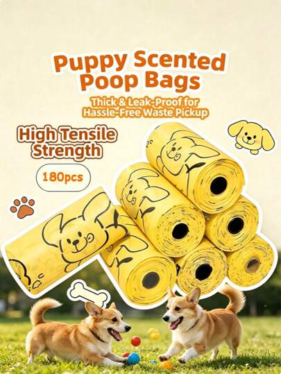 180 túi/12 cuộn túi đựng phân chó Happy Puppy, túi đựng chất thải thú cưng, túi đựng phân chó dày, chống rò rỉ, khử mùi, đồ dùng cho hoạt động ngoài trời, túi dọn dẹp chất thải của chó mèo, tiện lợi cho các chuyến phiêu lưu ngoài trời - Thích hợp cho người nuôi chó, cắm trại, leo núi, đồ dùng cho thú cưng, đồ dùng vệ sinh (Giao hàng ngẫu nhiên)