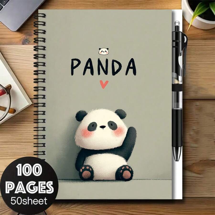1 Set Cute Panda Spiral Notebook Set With Pen! 100 Pages (50 Sheets), Practical Inner Pages. Adorable Panda Pattern Cover With "PANDA" Text, Attractive And Eye-Catching. Suitable For Work Records, Study Notes, Diary Writing, And More. Great Gift For Graduation, Birthday, Daily Planning, And Memo. - D - View 1
