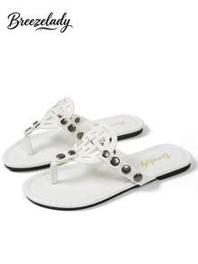 Breezelady Women's Black Faux Leather Geometric Cutout Thong Sandals – Crafted With Smooth Faux Leather And A Bold Geometric Cutout Design, These Flat Thong Sandals Feature Metallic Rivet Accents For A Polished Look. The Cushioned Footbed Ensures All-Day Comfort, While The Open-Toe Design Keeps Feet Cool. Ideal For Beach Trips, Casual Errands, Or Summer Outings, They Pair Effortlessly With Jeans, Shorts, Or Flowy Dresses For A Sleek, Edgy Vibe. - trắng - Xem 2