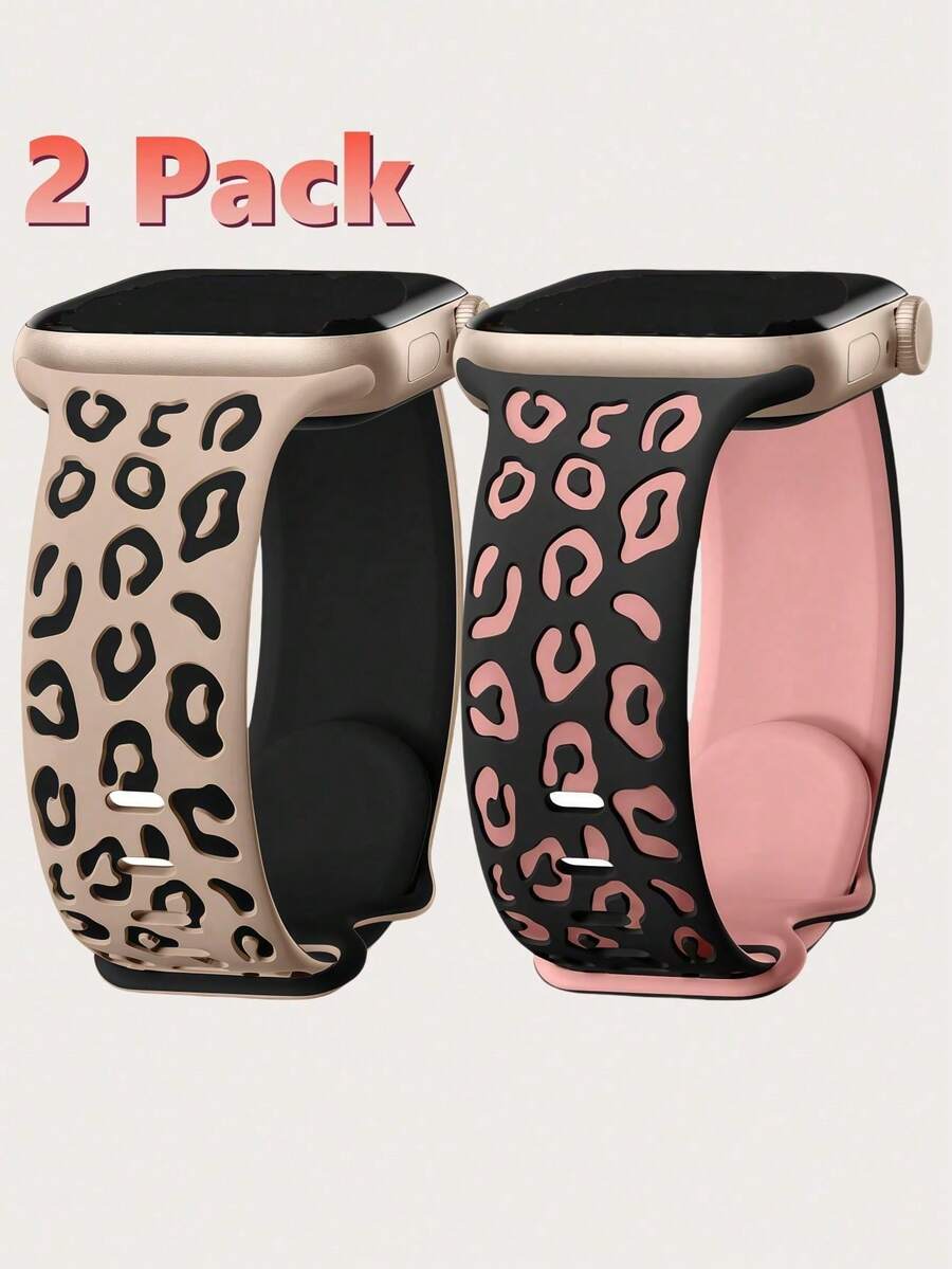 2 Stücke Zweifarbiges Leopardenmuster Graviertes Uhrenarmband kompatibel mit Apple Watch Band 49mm 46mm 45mm 44mm 42mm 41mm 40mm 38mm, Boho Geparden Sport Silikon Armband geeignet für Apple Watch Series Ultra 11 10 9 8 7 6 5 4 3 2 1 SE Frauen Männer