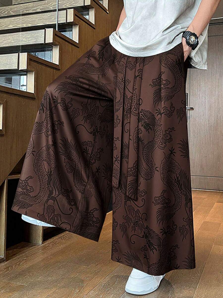 男士复古中国风缎面阔腿裤，提花龙纹图案，宽松阔腿裤，透气柔软，适合春夏穿着
