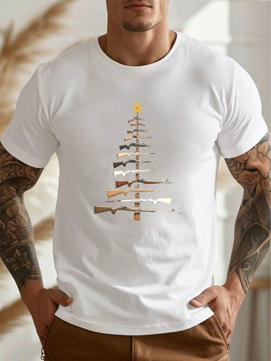 Men's Casual Short Sleeve T-Shirt (Large Size) – Graphic Print Of A Christmas Tree Made With Firearms – Eye-Catching And Unique Design – Perfect For Summer Wear – Crew Neck, Comfortable And Breathable – Machine Washable - 白色 - 查看 1