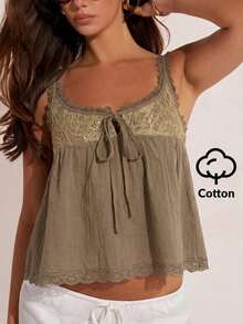 - Top de Tirantes Elegante con Encaje para Mujer, Ideal para Vacaciones de Verano - Marrón - Ver 3