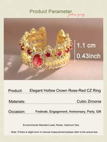 jealous young 1pc Elegant Palace Style Gold‑Plated Crown Open Ring With Hollow Lace Design & High‑Quality Rose‑Red Cubic Zirconia, Showing Women's Dignified Charm Jewelry Suitable For Daily Wear, Gift, Dates, Wedding Banquets, Holiday Galas, Evening Dinners - Crown - View 4