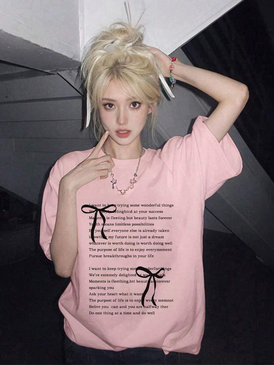 Japanese Style Women's Loose Round Neck Casual Versatile Printed Short Sleeve T-Shirt, Spring/Summer - Baby Pink - View 1