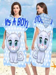 1pc Rainbow Unicorn & Blue Polka Dot Kitten Print Polyester Hooded Poncho, Oversized Beach Towel - Vibrant Unicorn Design, Beach Wrap, Soft & Durable Polyester Robe, Suitable For Swimming, Travel And Beach Vacation, Unisex Bathrobe, Beach Towel, Women Robe, Travel Decor, Casual Decor - Multicolor - View 2