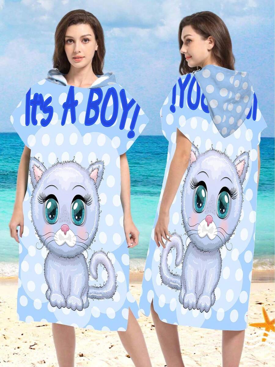 1pc Rainbow Unicorn & Blue Polka Dot Kitten Print Polyester Hooded Poncho, Oversized Beach Towel - Vibrant Unicorn Design, Beach Wrap, Soft & Durable Polyester Robe, Suitable For Swimming, Travel And Beach Vacation, Unisex Bathrobe, Beach Towel, Women Robe, Travel Decor, Casual Decor