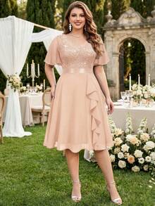 Plus V-Neck Sequin Floral Lace Contrast Chiffon Butterfly Sleeve Ruffle Hem Evening Party Swing Dress,Wedding Dress,For Birthday,Graduation,Date - 香檳色 - 查看 1