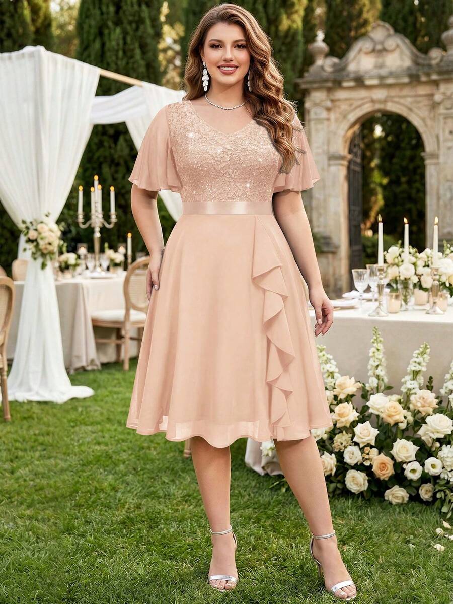 Plus V-Neck Sequin Floral Lace Contrast Chiffon Butterfly Sleeve Ruffle Hem Evening Party Swing Dress,Wedding Dress,For Birthday,Graduation,Date - 香檳色 - 查看 1
