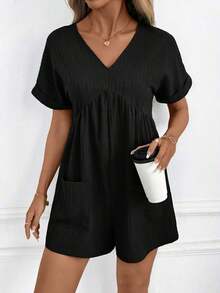 Clasi Mono informal con cuello en V, estampado floral verde y pliegues para mujer - Negro - Ver 4