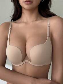 DAZY Solid Adjustable Strap Underwire Push Up Bra, Lingerie - Apricot - View 4