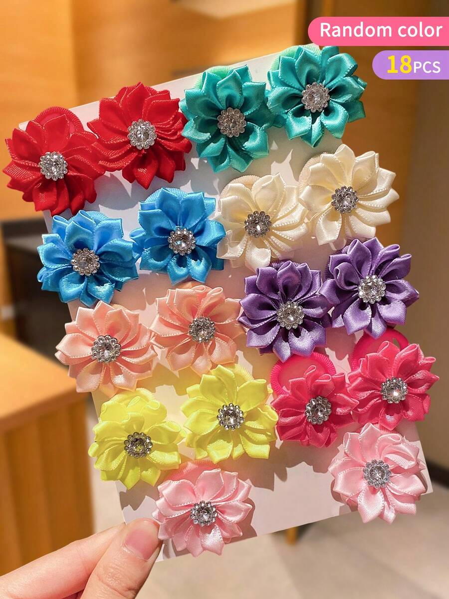 18Pcs Girls Multicolor Flower Random Hair Ties, Colorful Flower With Sequin Decoration, Perfect Gift For Birthday And Holiday